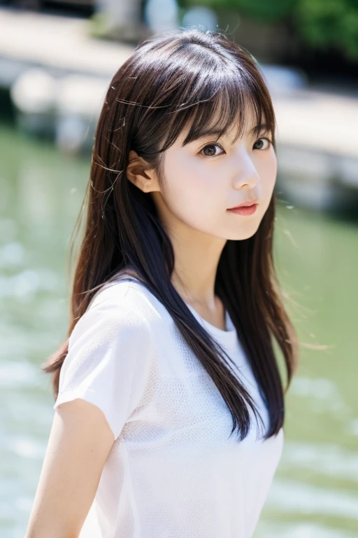 A thin Japanese woman in her 20s,Cute Face, Detailed face, Fine grain, Neat, Short sleeve white shirt, Walking along the river, early summer, Fine weather, sunny, In town, Portraiture