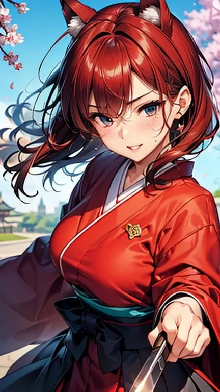 A girl is posing for a photo,pretty girl,Enchanting girl,Anime Girls,
(((One Girl,Baby Face,16 years old))),

(Red two-sleeve,Black lantern hakama,Hold the blade with both hands:1.4,Lower the blade),
BREAK 

(Beautiful Hair,Shiny Hair),(Red hair、Shortcuts、...