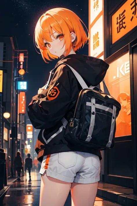 girl、Orange eyes、Illuminated Hair、Big eyes、Shining Eyes、Big white hoodie、headphone、short hair、Looking back、night、casual、fashion、Japan