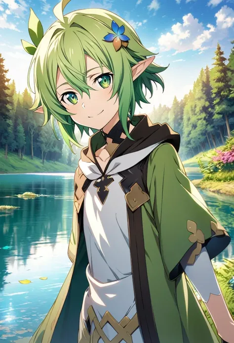 Hyakuya Mikaela (Sword Art Online), (long forest green hair), (olive green eyes):1.2, (Elf), fairy costume, bangs, smiling gently, colorful leaves hair ornament, half-up hairstyle, ((ultra-detailed)), ((illustration)), ((neat hair)), (beautiful detailed ey...