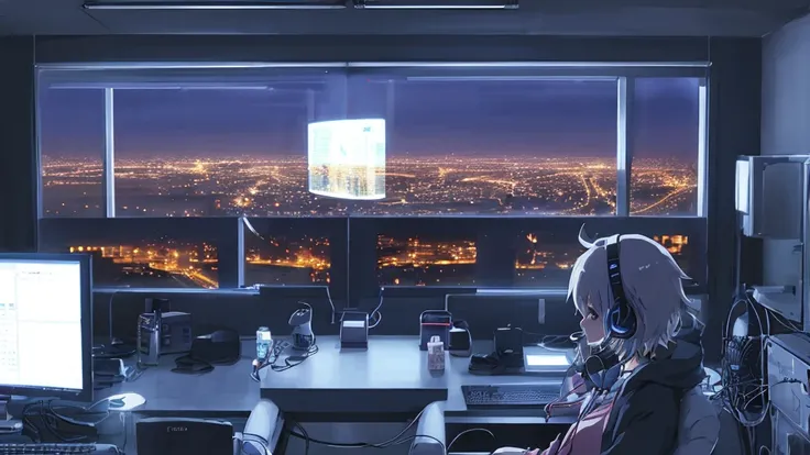 Create a lofi-style anime illustration of a woman wearing headphones, looking intently at a PC screen as she researches. The setting includes a night cityscape visible through a window, creating a calm and focused atmosphere.