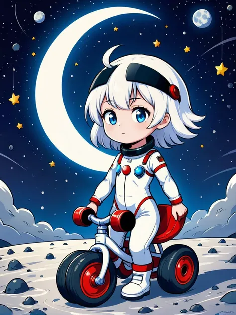 cinematic film still a visually striking chibi-style astronaut is depicted with remarkable detail, wearing a black tinted visor ...