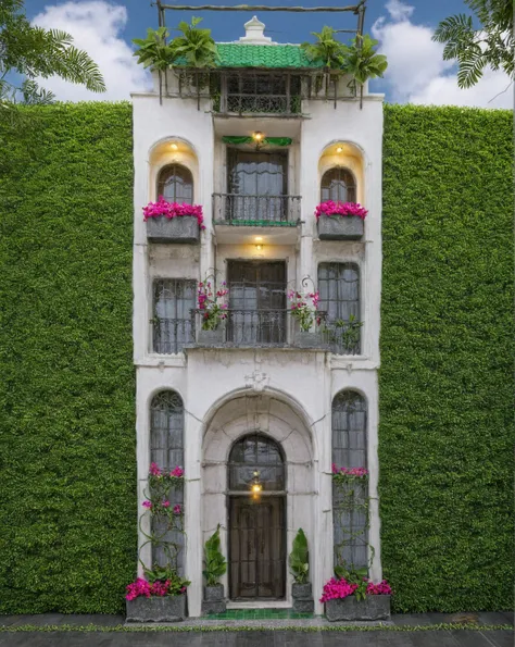 Raw photo,Masterpiece, high quality, best quality, authentic, super detail, exterior, outdoors, house style indochine, Many bougainvilleas along the road ,aiaigroup road,pavement, grass, trees, sky, cloud, (day:1.1), vivid colour ((green tile roof:1.3))