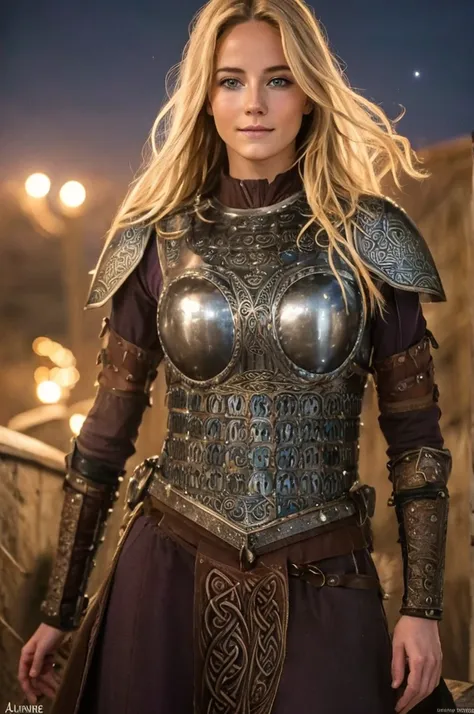 Jeune femme de 25 ans, visage fin, cheveux long, cheveux blonds, yeux bleus, HD, 8K, masterpiece, sourire romantique, sexy, metal lingery, celtic design chest armor, guerrière viking, celtic tattoo, at night, topless, aurore boreale, milky way