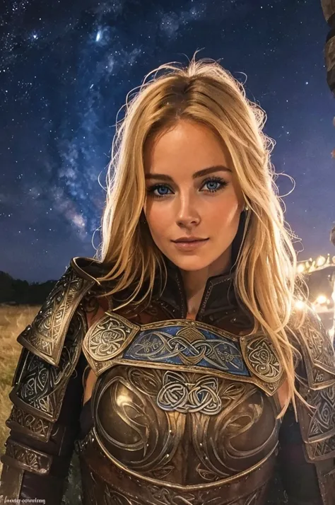 Jeune femme de 25 ans, visage fin, cheveux long, cheveux blonds, yeux bleus, HD, 8K, masterpiece, sourire romantique, sexy, metal lingery, celtic design chest armor, guerrière viking, celtic tattoo, at night, topless, aurore boreale, milky way