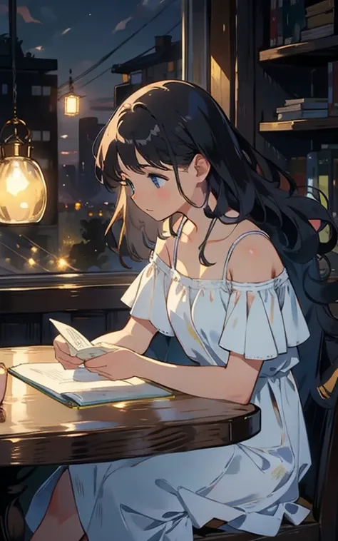 Beautiful maiden sitting at the table，is wearing  dress，Read with rapt attention，Surrounded by the smell of books and warm lights