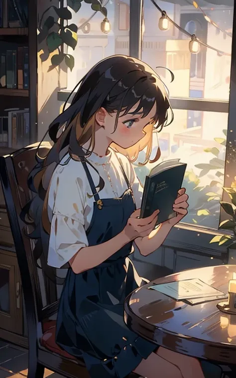 Beautiful maiden sitting at the table，is wearing  dress，Read with rapt attention，Surrounded by the smell of books and warm lights