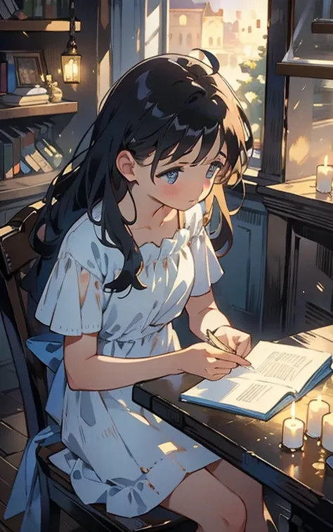 Beautiful maiden sitting at the table，is wearing  dress，Read with rapt attention，Surrounded by the smell of books and warm lights