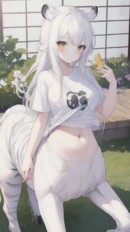 (best quality, masterpiece), 1 girl, centaur, It takes, White skin, belly button t-shirt, 아름다운 소녀 perfect white tiger photo, perfect white tiger photo