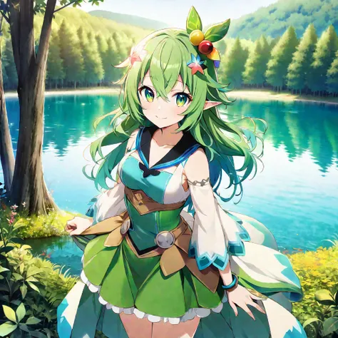 Hyakuya Mikaela (AKB0048 Next Stage), (long forest green hair), (olive green eyes):1.2, (Elf), fairy costume, bangs, smiling gently, colorful leaves hair ornament, ((ultra-detailed)), ((illustration)), ((neat hair)), (beautiful detailed eyes), female, 1gir...