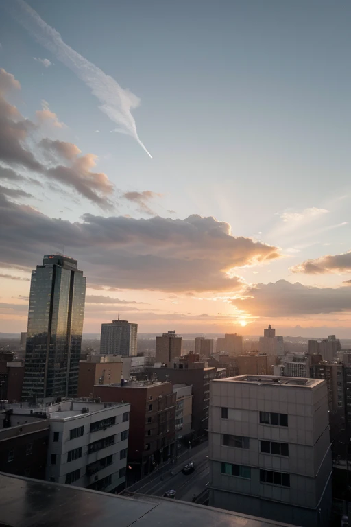 -The scene is set on the rooftop of a tall, modern building at the break of dawn, as the sun rises above the horizon.

-Ahead: The skyline of a bustling city stretches out, its towering skyscrapers illuminated in the soft, warm light of the sunrise. Some b...