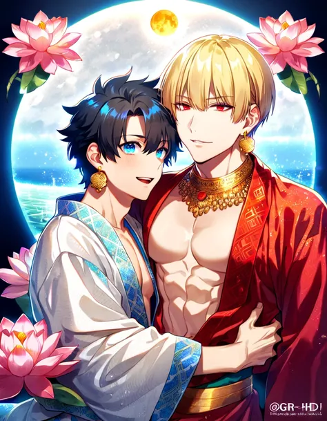 (absurdres, highres, ultra detailed, HDR) master piece, best quality, perfect face, delicated features, Gilgamesh, blonde hair, with bangs, short hair, expressive red eyes, fate/grand order, Fujimaru Ritsuka, black hair, expressive blue eyes, two sexy men ...