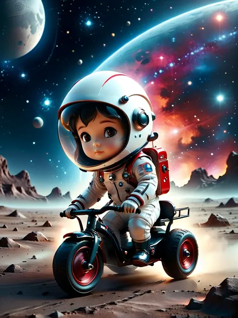 cinematic film still a visually striking chibi-style astronaut is depicted with remarkable detail, wearing a black tinted visor ...