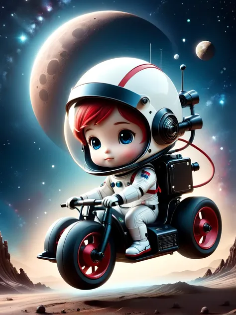 cinematic film still a visually striking chibi-style astronaut is depicted with remarkable detail, wearing a black tinted visor ...