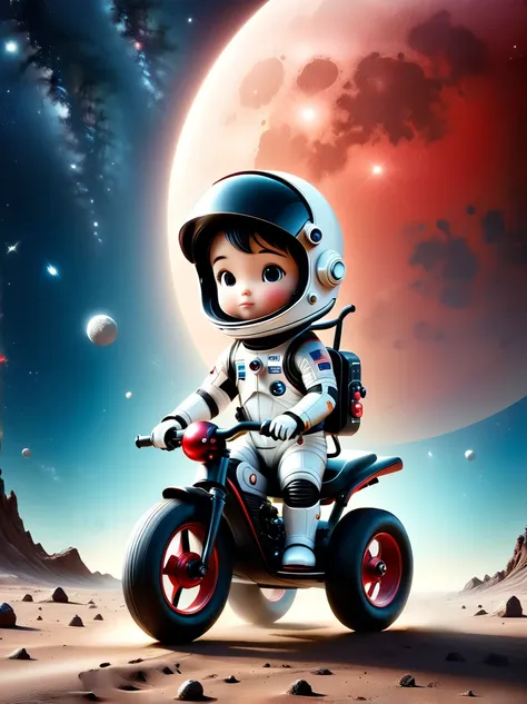 cinematic film still a visually striking chibi-style astronaut is depicted with remarkable detail, wearing a black tinted visor ...