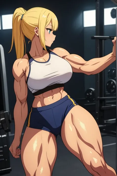 make yellowhaired muscular girl in too tight shorts shes work out at the gym