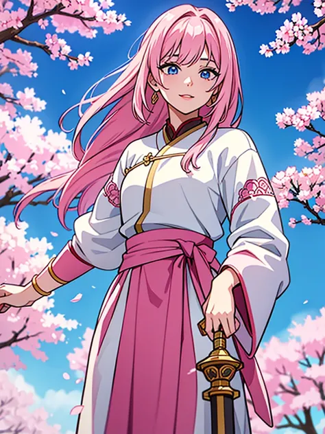 20 year old woman, alone, hair with bangs, gold hair mixed with a little pink, visible to the waist, wearing keqing style clothes, her clothes closed, carrying a gold long sword, bright blue eyes, with a cheerful face, sky and cherry blossoms in the backgr...