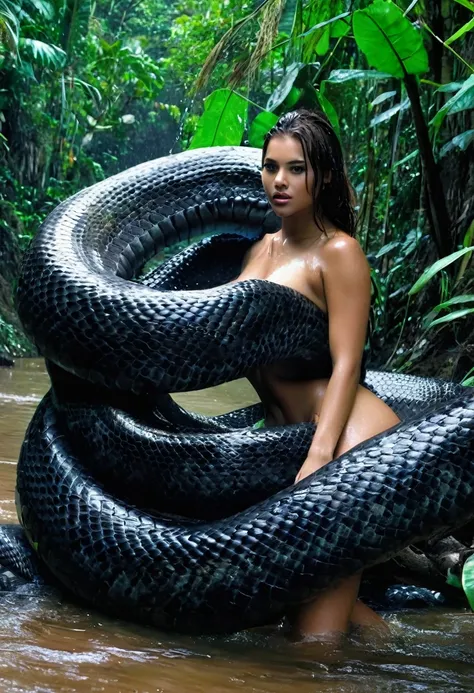 Bikini  aroused horny big ass beautiful Brazilian  young teen girl vs Giant colossal black titanboa monster wrapped around her body squeezing her in coiled embrace cuddling and kissing sexual erotic  sex realistic in the jungle  snake tongue kissing, vagin...