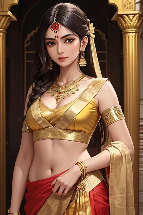 masterpiece ,best quality, a beautiful indian hindu woman in red gold plated saree with light hair, flowers, with a handsome man...