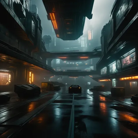 photos of a huge dystopian secret facility, futurist, blade runner style, apocalypse, grey sky, huge ship (space freighter) floa...