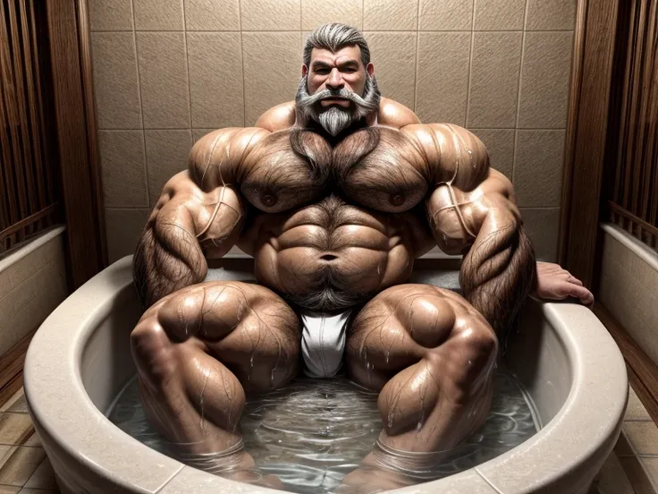 burly virile hairy man, a himbo muscle daddy, middle-aged dilf, hirsute, overmuscular and musclebound, bulging veiny muscles, bushy beard and thick mustache, grey hair, a bodybuilders physique, a warriors build, chest and belly covered with a lush and thic...