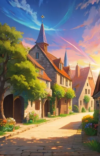 Large medieval village, colorful sky, trees, long path, drawing, fantasy.