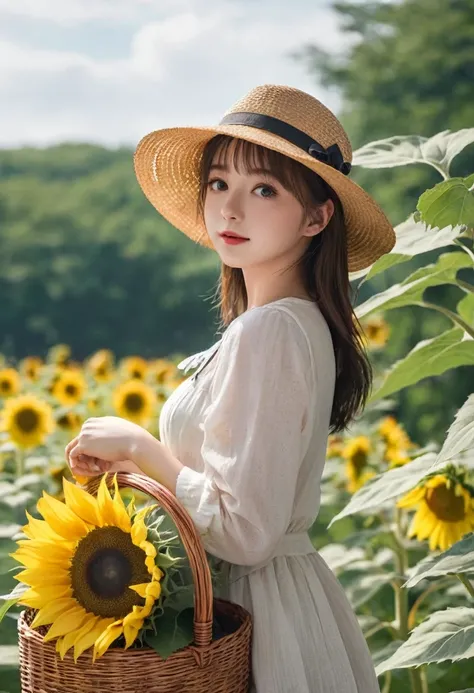 Girl in a straw hat holding a basket of sunflowers, beautiful anime girl sunflower, Anime art wallpaper 4K, anime art wallpaper 4k, anime wallpaper 4 k, anime wallpaper 4k, anime style 4 k, anime art wallpaper 8k, 4k anime wallpaper, anime style. 8K, high ...