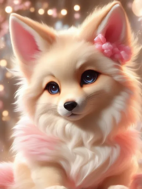 about the size of a medium dog, approximately 40 cm tall and 60 cm long.
Fur: Its fur is incredibly soft and smooth, resembling silk. The color is a mix of light pink and white, with a slight shimmer under sunlight.
Ears: It has a pair of large, round ears...