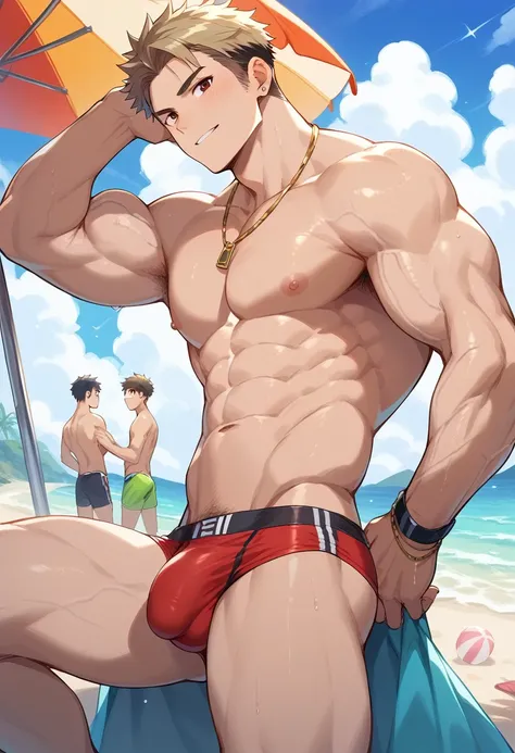 (score_9,score_8_up,score_7_up,score_6_up,score_5_up,score_4_up), best quality, best lighting, high-definition background, in Japanese anime style, 1 boy is 18 yo, brown hair, red eyes, muscled, topless, ((veiny arms)), speedo, (bulge with penis and testic...