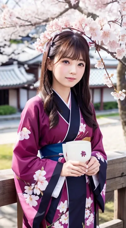 Cute kind-eyed Japan  kimono under cherry tree、Cherry blossoms falling like snow、Cherry blossoms falling on my face