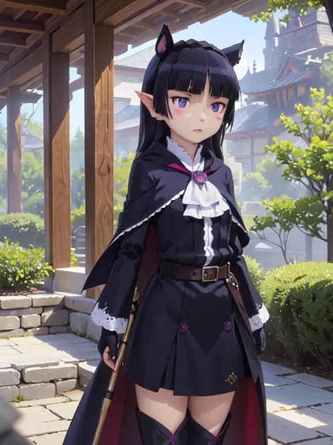 ((ruri gokou)), One girl, blush, Black Hair, Mole, Mole under eye, Hime cut, Elf, ((dark elf)), (Long ears), wood々In harmony with, (Fairy), magic, Black Costume, Robe, Mid-length skirt, Archer, Forest People, longbows, magic, wood々Spirits of, elven robe, h...