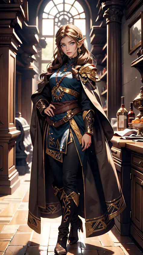 Princess Zelda full body shot, Brown Hair, blue eyes, Dressed as an Assassin&#39;s Creed Assassin, white+In gold、whiteいマスクと金色のディテールが施されたフード, XL Bust, Using the Wrist Blade. background: Renaissance city. Unreal Engine 5, anime, anime style, masterpiece, Wel...