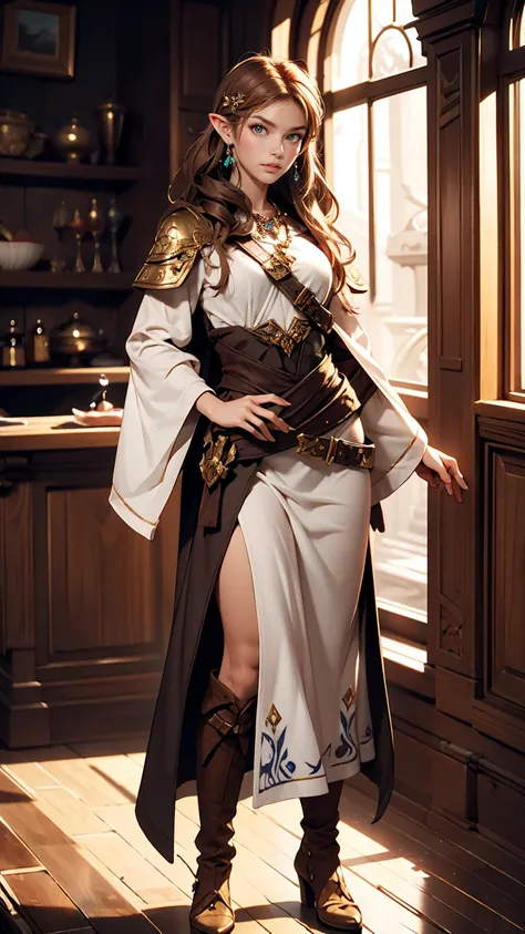 Princess Zelda full body shot, Brown Hair, blue eyes, Dressed as an Assassin&#39;s Creed Assassin, white+In gold、whiteいマスクと金色のディテールが施されたフード, XL Bust, Using the Wrist Blade. background: Renaissance city. Unreal Engine 5, anime, anime style, masterpiece, Wel...