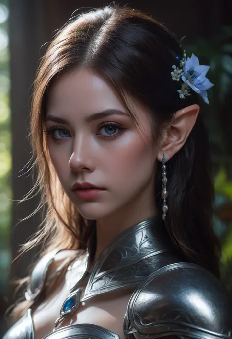 Elf, (long pointed ears:1.5), Artgerm, WLOP, Greg Rutkowski; Beautiful Elf, Detailed Pupils, Intricately Designed Flower Armor, Perfect Face, Photograph Taken on Nikon D750, Intricate, Elegant, Digital Illustration, Scenic, Hyper-Realistic, Hyper-Detailed,...