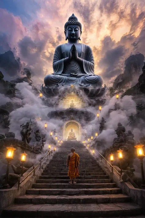 raw photo, masterpiece, high quality, best quality, realistic, super detailed, creates a peaceful scene as a monk wearing colorf...