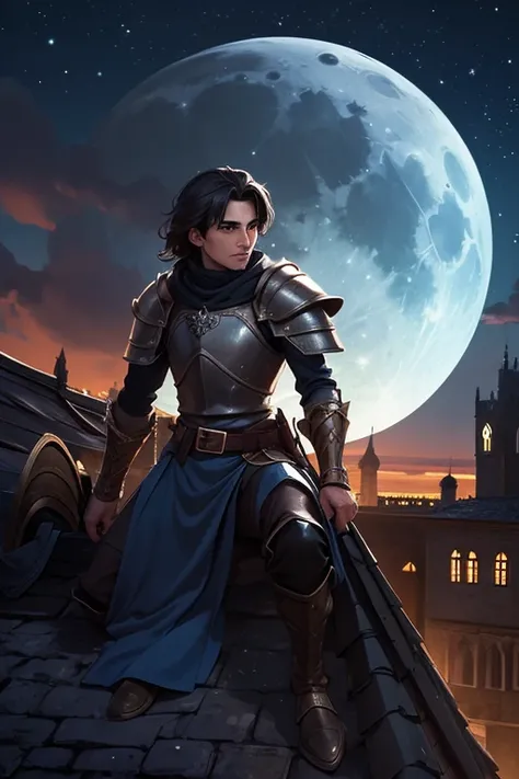 Medieval fantasy universe thief, Italian features, 25 years old, in black armor. on the roofs of a fantasy medieval city, night full moon in the sky