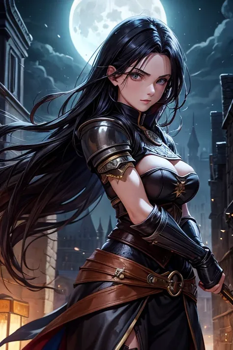 Female thief from medieval fantasy universe, Italian features, 25 years old with long black hair, in black armor. on the roofs of a fantasy medieval city, night full moon in the sky