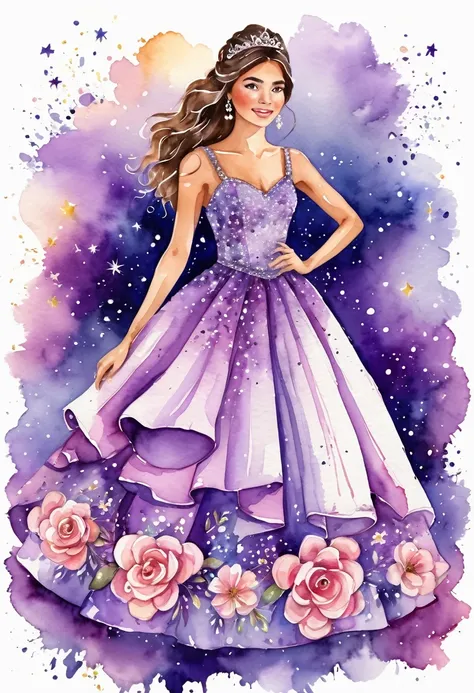 Quinceañera illustrated in watercolor from the front with a beautiful romantic dress, in purple tones, there is a lot of shine in her dress, bright star sparks, with flowers around on a white background