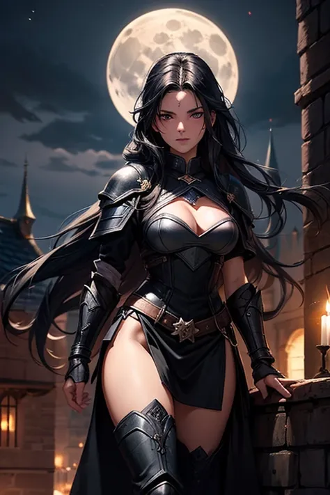 Female thief from medieval fantasy universe, Italian features, 25 years old with long black hair, in black armor. on the roofs of a fantasy medieval city, night full moon in the sky