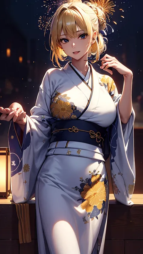 masterpiece, high quality, 4K, Beautiful design, silhouette，blonde， 非常に詳細な夜のStarry Sky,stall，Nightclub， wonderful, Finer details,  Very knowledgeable woman, Highly detailed solo, 1 female,Big Breasts，Yukata in white color，Night view，Starry Sky，firework