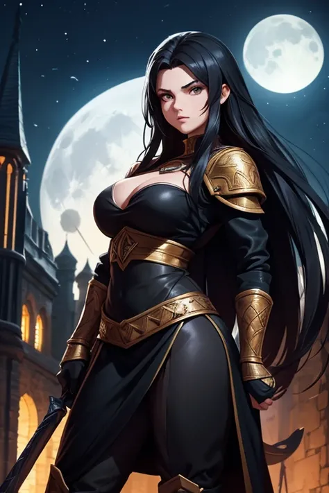 Female thief from medieval fantasy universe, Italian features, 25 years old with long black hair, in black armor. on the roofs of a fantasy medieval city, night full moon in the sky