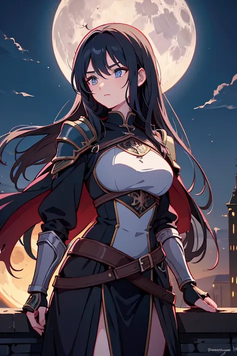 Female thief from medieval fantasy universe, Italian features, 25 years old with long black hair, in black armor. on the roofs of a fantasy medieval city, night full moon in the sky