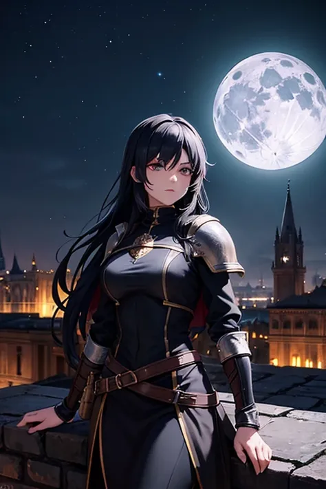 Female thief from medieval fantasy universe, Italian features, 25 years old with long black hair, in black armor. on the roofs of a fantasy medieval city, night full moon in the sky