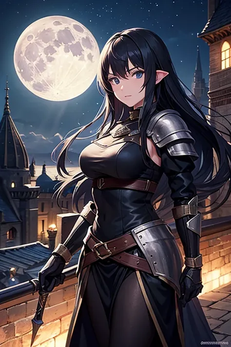 Female thief from medieval fantasy universe, Italian features, 25 years old with long black hair, in black armor. on the roofs of a fantasy medieval city, night full moon in the sky