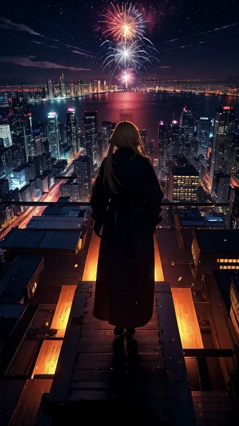 １people々,Blonde long-haired woman，Long coat， Dress Silhouette， Rear View， Anime Style, City night view from the rooftop，Countless fireworks covering the sky，