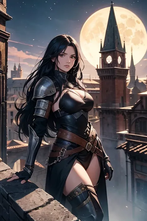 Female thief from medieval fantasy universe, Italian features, 25 years old with long black hair, in black armor. on the roofs of a fantasy medieval city, night full moon in the sky