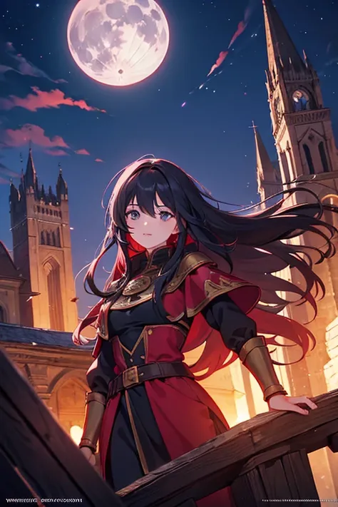 female sorceress from medieval fantasy universe, Italian features, 25 years old, long black hair, in red tunic. on the roofs of a fantasy medieval city, night full moon in the sky