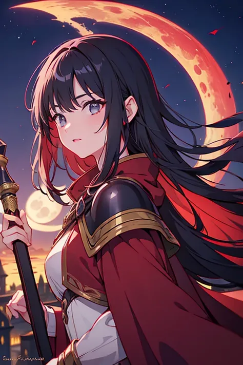 female sorceress from medieval fantasy universe, Italian features, 25 years old, long black hair, in red tunic. on the roofs of a fantasy medieval city, night full moon in the sky