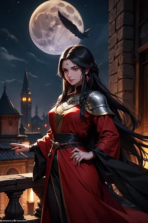 female sorceress from medieval fantasy universe, Italian features, 25 years old, long black hair, in red tunic. on the roofs of a fantasy medieval city, night full moon in the sky