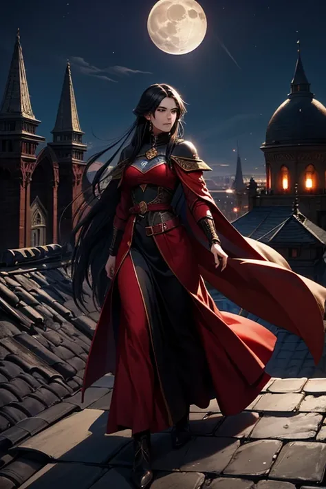 female sorceress from medieval fantasy universe, Italian features, 25 years old, long black hair, in red tunic. on the roofs of a fantasy medieval city, night full moon in the sky